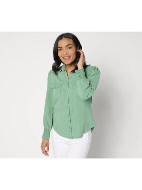 Side Stitch Top Medium Flap Pocket Button Front Succulent Leaves Green Career